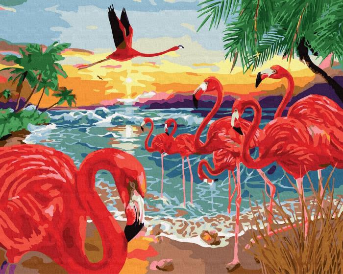 piešimas su skaičiais tapyba pagal numerius -   Flamingo paplūdimys 40x50 cm + Medinis Rėmas