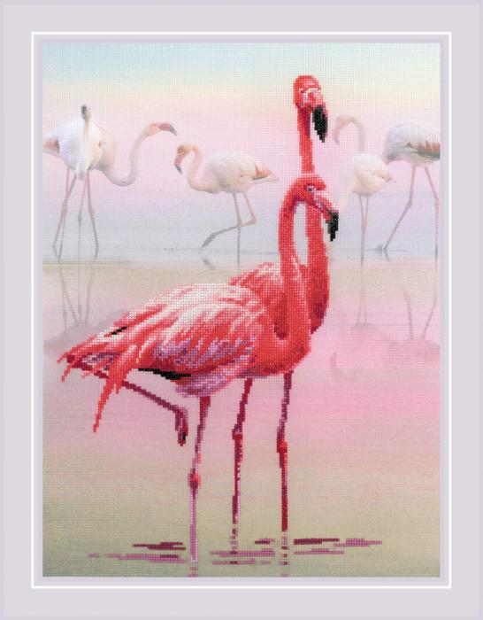 Paveikslų siuvinėjimas kryželiu paveikslas su siūlais -   Flamingas 30x40 cm + Medinis Rėmas