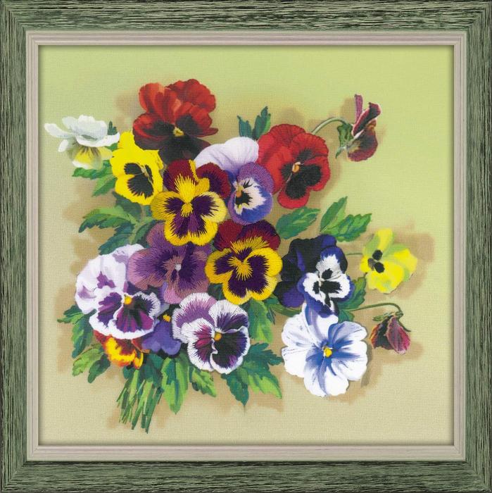 Paveikslų siuvinėjimas kryželiu paveikslas su siūlais -   Pansies. Satino dygsnis 20x20 cm + Medinis Rėmas