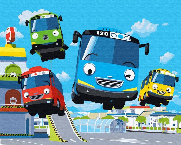 Animacinis piešimas su skaičiais tapyba pagal numerius nebrangus meniškas kūrybiška Animacinis piešimas su skaičiais tapyba pagal numerius - Laimingi autobusai 40x50 cm + Medinis Rėmas