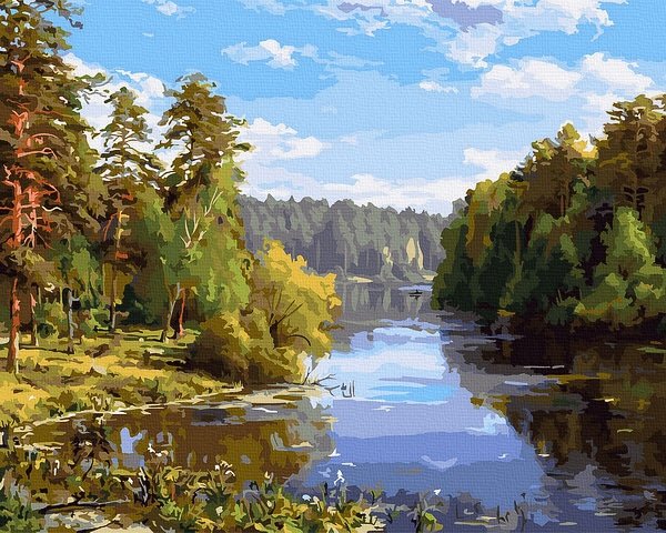 Neutralus  piešimas su skaičiais tapyba pagal numerius -   Upės scena 40x50 cm + Medinis Rėmas