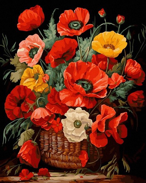 Moteriškas piešimas su skaičiais tapyba pagal numerius -   Aguonų krepšelis 40x50 cm + Medinis Rėmas