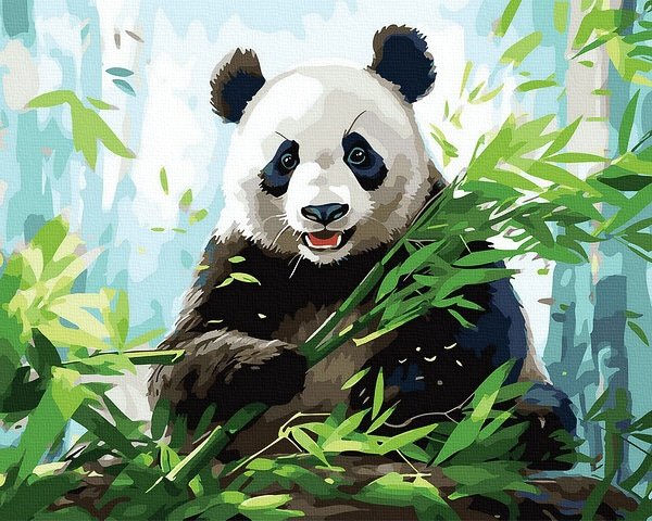 piešimas su skaičiais tapyba pagal numerius -   Panda valgo bambuką 40x50 cm + Medinis Rėmas