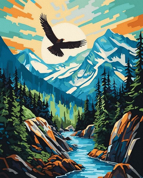 Neutralus  piešimas su skaičiais tapyba pagal numerius -   Kalnų skrydis 40x50 cm + Medinis Rėmas