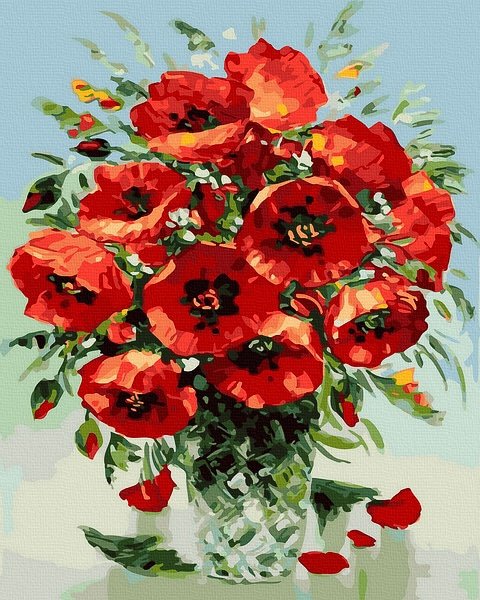 Moteriškas piešimas su skaičiais tapyba pagal numerius -   Aguonų puokštė 40x50 cm + Medinis Rėmas