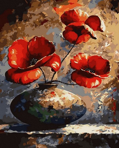 Moteriškas piešimas su skaičiais tapyba pagal numerius -   Raudonos aguonos vazoje 40x50 cm + Medinis Rėmas