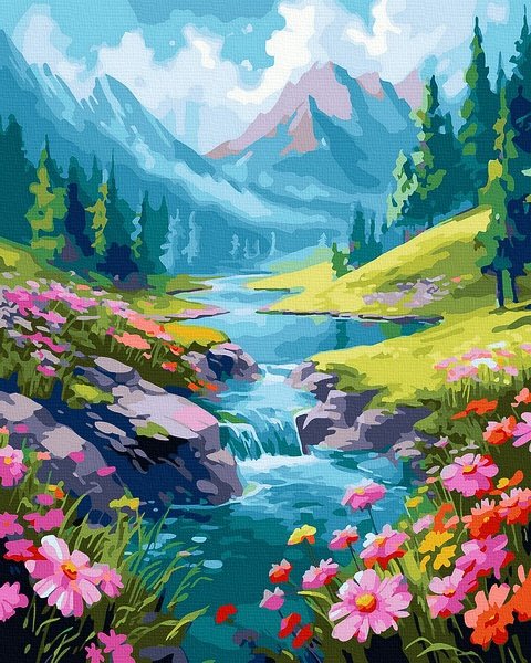 Neutralus  piešimas su skaičiais tapyba pagal numerius -   Kalnų upelis 40x50 cm + Medinis Rėmas