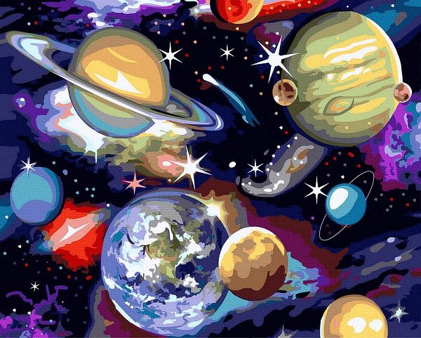 piešimas su skaičiais tapyba pagal numerius -   Kosminės planetos 40x50 cm + Medinis Rėmas