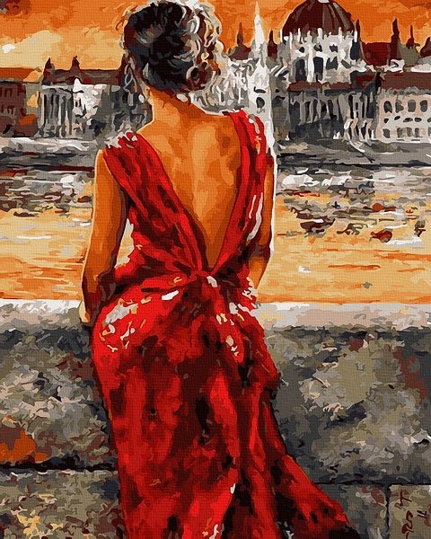 Moteriškas ir seksualus piešimas su skaičiais tapyba pagal numerius -   Ponia raudonai 40x50 cm + Medinis Rėmas