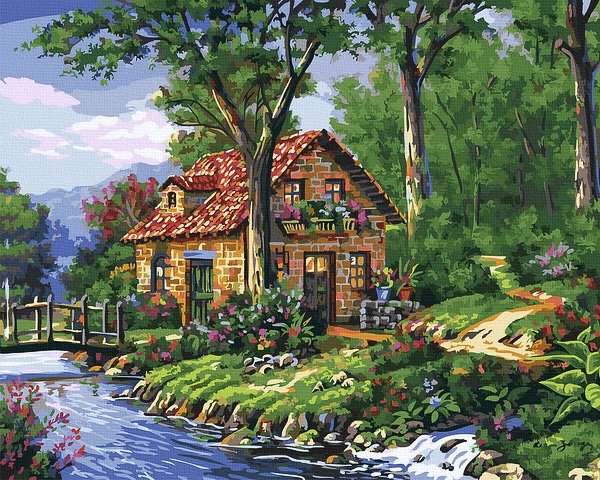Neutralus  piešimas su skaičiais tapyba pagal numerius -   Kotedžas prie upės 40x50 cm + Medinis Rėmas