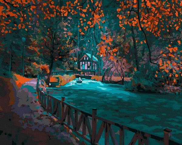 Neutralus  piešimas su skaičiais tapyba pagal numerius -   Rudens upės scena 40x50 cm + Medinis Rėmas