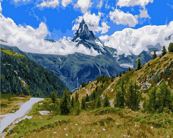 Neutralus  piešimas su skaičiais tapyba pagal numerius -   Kalnų slėnis 40x50 cm + Medinis Rėmas