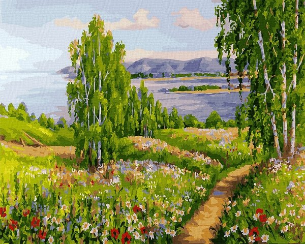 Neutralus  piešimas su skaičiais tapyba pagal numerius -   Vasaros kelias 40x50 cm + Medinis Rėmas