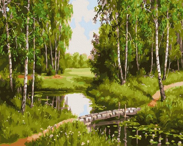 Neutralus  piešimas su skaičiais tapyba pagal numerius -   Ramus miško upelis 40x50 cm + Medinis Rėmas