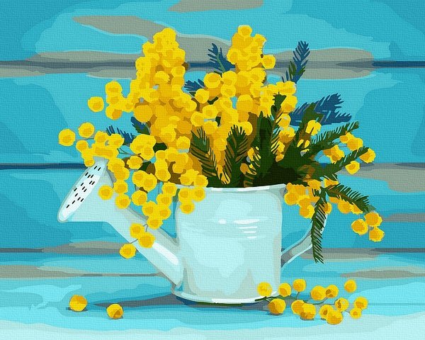 Moteriškas piešimas su skaičiais tapyba pagal numerius -   Mimoza laistykloje 40x50 cm + Medinis Rėmas