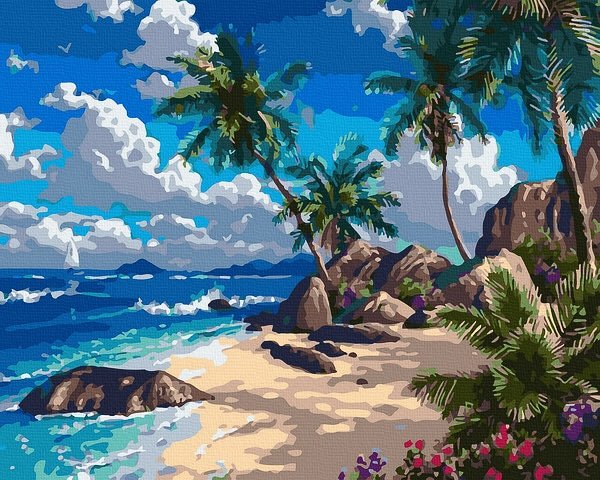 Neutralus  piešimas su skaičiais tapyba pagal numerius -   Tropinis paplūdimys 40x50 cm + Medinis Rėmas