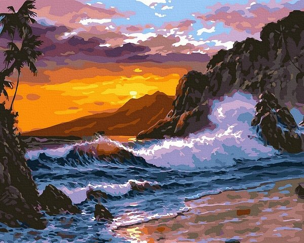 Neutralus  piešimas su skaičiais tapyba pagal numerius -   Vandenyno saulėlydis 40x50 cm + Medinis Rėmas