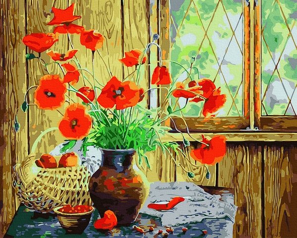 Moteriškas piešimas su skaičiais tapyba pagal numerius -   Aguonų išdėstymas 40x50 cm + Medinis Rėmas