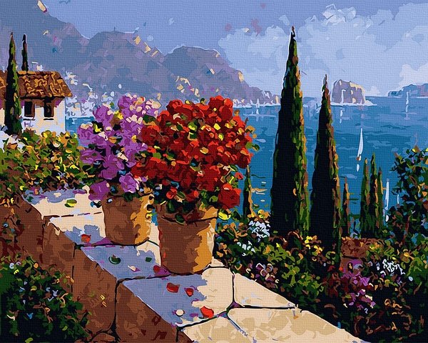 Neutralus  piešimas su skaičiais tapyba pagal numerius -   Sodo terasa 40x50 cm + Medinis Rėmas