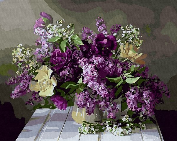 Moteriškas piešimas su skaičiais tapyba pagal numerius -   Violetinė gėlių kompozicija 40x50 cm + Medinis Rėmas