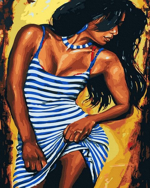 Moteriškas ir seksualus piešimas su skaičiais tapyba pagal numerius -   Moteris dryžuota suknele 40x50 cm + Medinis Rėmas