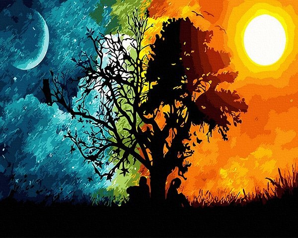 Neutralus  piešimas su skaičiais tapyba pagal numerius -   Metų laikų medis 40x50 cm + Medinis Rėmas