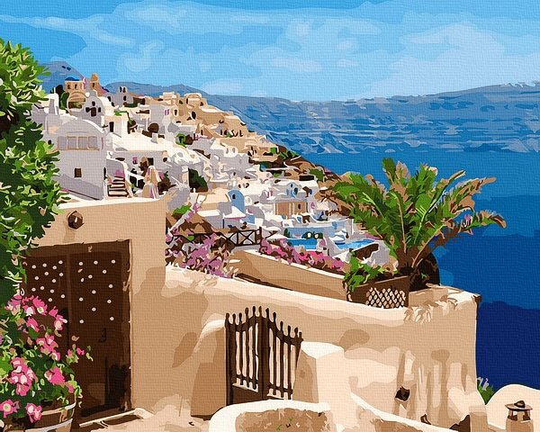 Neutralus ir raminantis piešimas su skaičiais tapyba pagal numerius -   Santorini vaizdas 40x50 cm + Medinis Rėmas