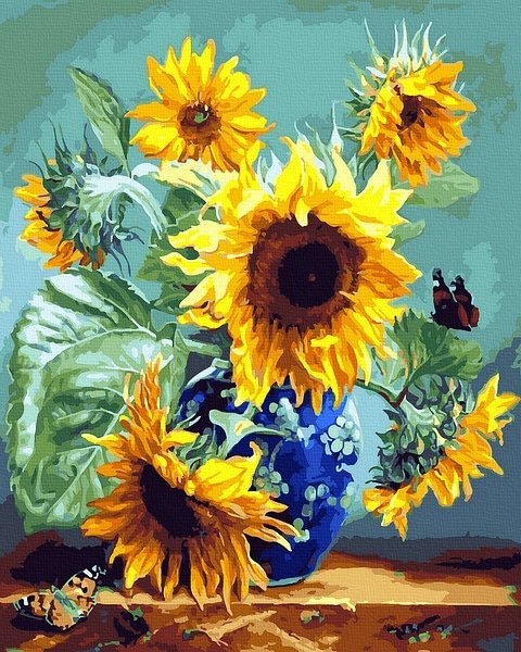 Moteriškas piešimas su skaičiais tapyba pagal numerius -   Saulėgrąžos vazoje 40x50 cm + Medinis Rėmas