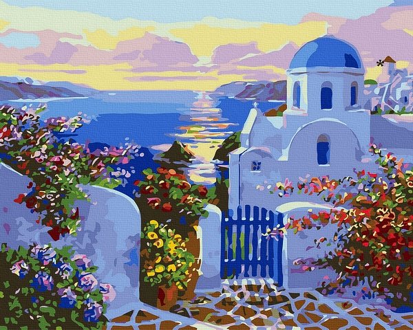 Neutralus ir raminantis piešimas su skaičiais tapyba pagal numerius -   Santorino saulėlydis 40x50 cm + Medinis Rėmas