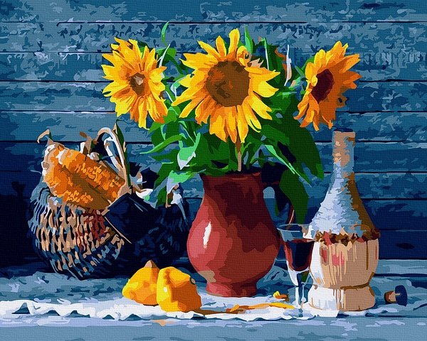 Moteriškas piešimas su skaičiais tapyba pagal numerius -   Saulėgrąžų kompozicija 40x50 cm + Medinis Rėmas