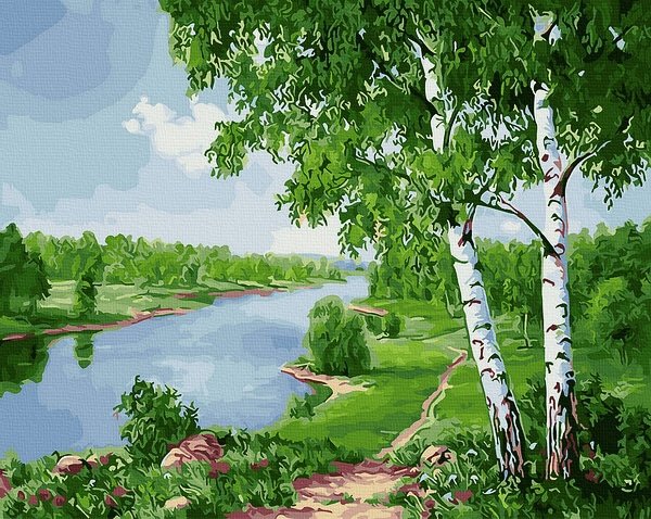 Neutralus  piešimas su skaičiais tapyba pagal numerius -   Upės vingis 40x50 cm + Medinis Rėmas