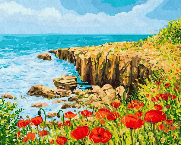 Neutralus  piešimas su skaičiais tapyba pagal numerius -   Pakrantės aguonos 40x50 cm + Medinis Rėmas