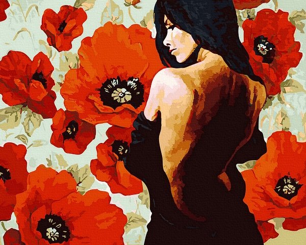 Moteriškas ir seksualus piešimas su skaičiais tapyba pagal numerius -   Mergina su aguonomis 40x50 cm + Medinis Rėmas