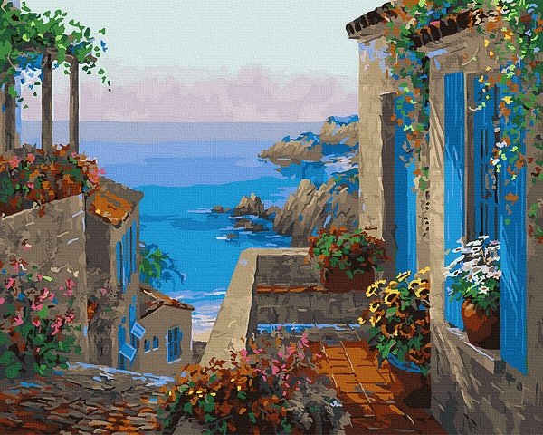 Neutralus ir raminantis piešimas su skaičiais tapyba pagal numerius -   Viduržemio jūros vaizdas 40x50 cm + Medinis Rėmas