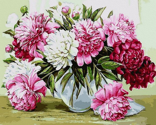 Moteriškas piešimas su skaičiais tapyba pagal numerius -   Bijūnų puokštė 40x50 cm + Medinis Rėmas