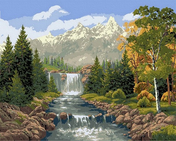 Neutralus  piešimas su skaičiais tapyba pagal numerius -   Kalnų krioklys 40x50 cm + Medinis Rėmas