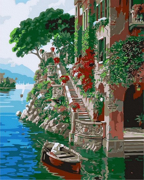 Neutralus ir raminantis piešimas su skaičiais tapyba pagal numerius -   Vila prie ežero 40x50 cm + Medinis Rėmas