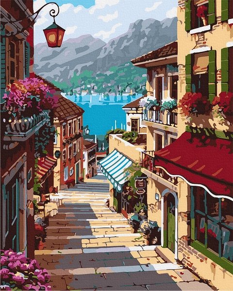 Neutralus ir raminantis piešimas su skaičiais tapyba pagal numerius -   Spalvinga gatvė 40x50 cm + Medinis Rėmas