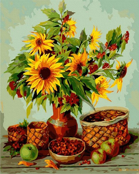 Moteriškas piešimas su skaičiais tapyba pagal numerius -   Saulėgrąžų krepšelis 40x50 cm + Medinis Rėmas