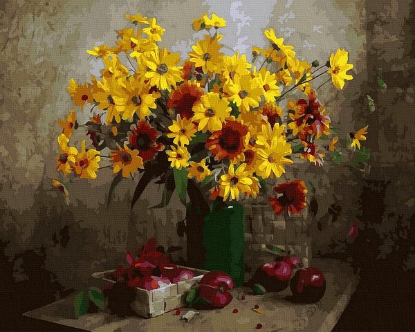 Moteriškas piešimas su skaičiais tapyba pagal numerius -   Saulės apšviestos Gėlės 40x50 cm + Medinis Rėmas