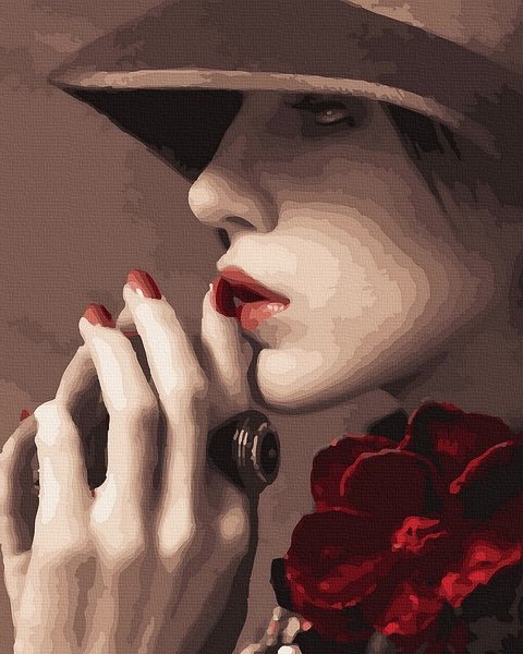 Moteriškas ir seksualus piešimas su skaičiais tapyba pagal numerius -   Ponia raudonai 40x50 cm + Medinis Rėmas