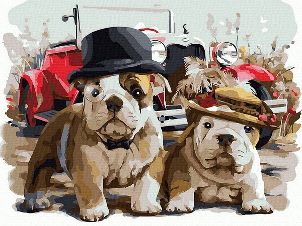 piešimas su skaičiais tapyba pagal numerius -   Buldogai ir automobilis 30x40 cm + Medinis Rėmas