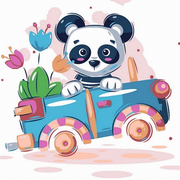 Animacinis piešimas su skaičiais tapyba pagal numerius nebrangus meniškas kūrybiška Animacinis piešimas su skaičiais tapyba pagal numerius - Panda automobilyje 20x20 cm + Medinis Rėmas