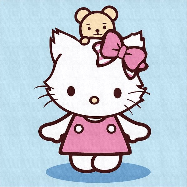 Animacinis piešimas su skaičiais tapyba pagal numerius -   Hello Kitty su meškiuku 20x20 cm + Medinis Rėmas