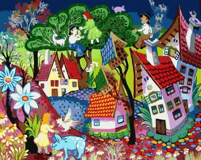 Urbanistinis piešimas su skaičiais tapyba pagal numerius -   Pasakų miestas 40x50 cm + Medinis Rėmas
