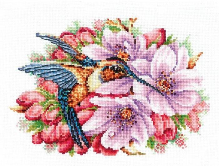 Paveikslų siuvinėjimas kryželiu paveikslas su siūlais -   Kolibris ir gėlės 21x14.5 cm + Medinis Rėmas