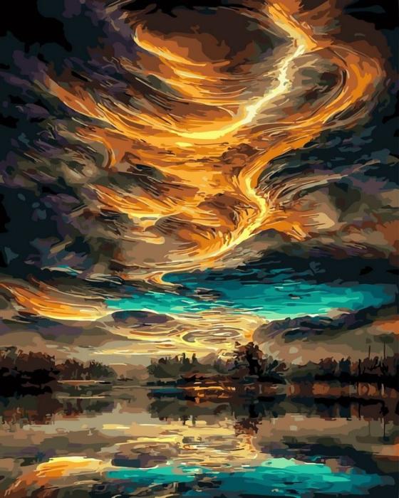 Neutralus  piešimas su skaičiais tapyba pagal numerius -   Fantazijos dangus virš ežero 40x50 cm + Medinis Rėmas