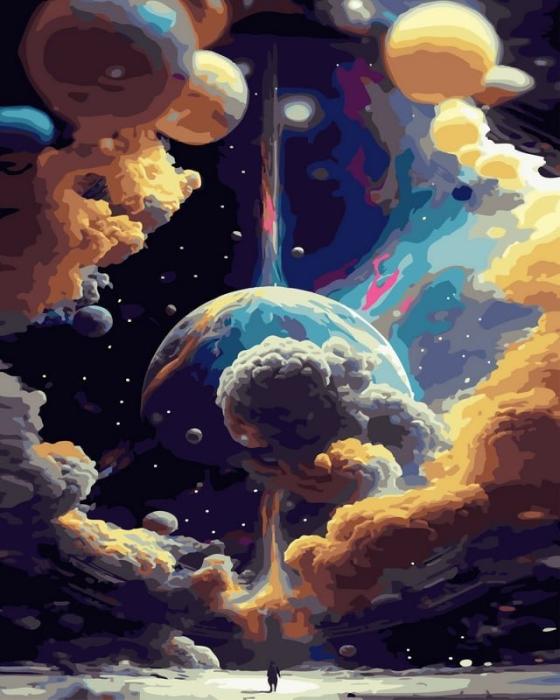 piešimas su skaičiais tapyba pagal numerius -   Kosminė fantazija su planetomis 40x50 cm + Medinis Rėmas