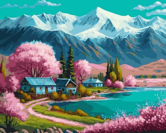 Neutralus  piešimas su skaičiais tapyba pagal numerius -   Spring Lake kalnų kaimas 40x50 cm + Medinis Rėmas
