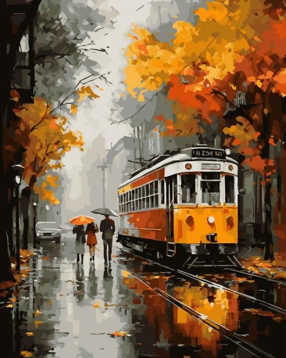 Urbanistinis piešimas su skaičiais tapyba pagal numerius -   Rudens tramvajus lietingoje miesto gatvėje 40x50 cm + Medinis Rėmas